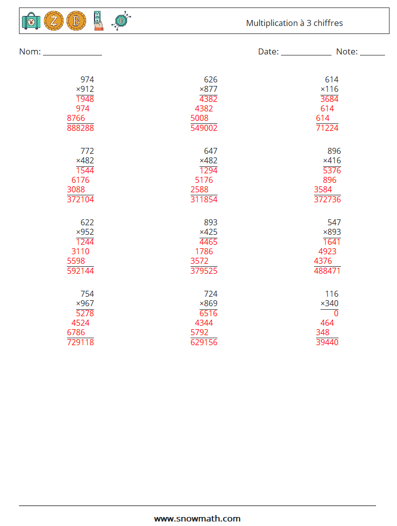 (12) Multiplication à 3 chiffres Fiches d'Exercices de Mathématiques 16 Question, Réponse