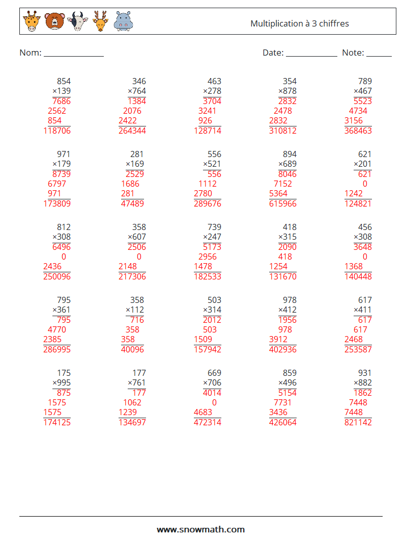 (25) multiplication à 3 chiffres Fiches d'Exercices de Mathématiques ...