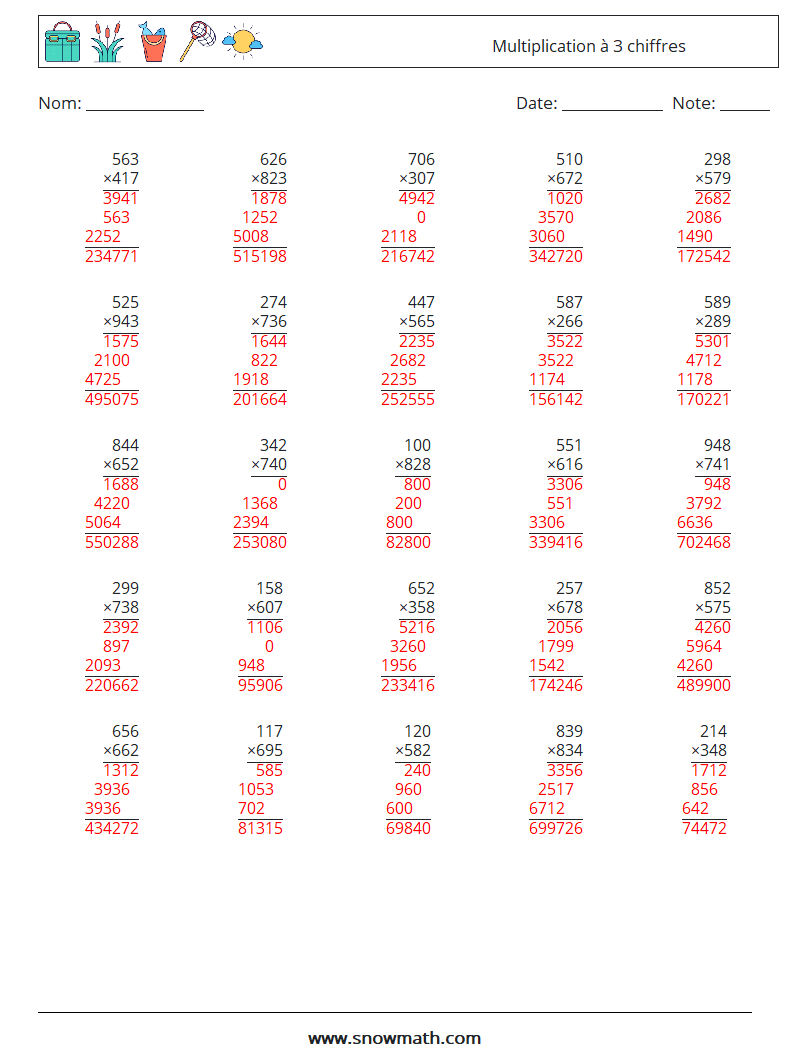 (25) Multiplication à 3 chiffres Fiches d'Exercices de Mathématiques 10 Question, Réponse