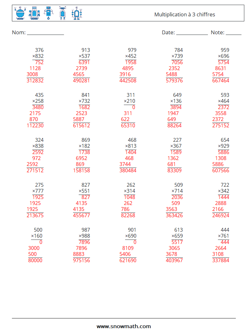 (25) Multiplication à 3 chiffres Fiches d'Exercices de Mathématiques 14 Question, Réponse