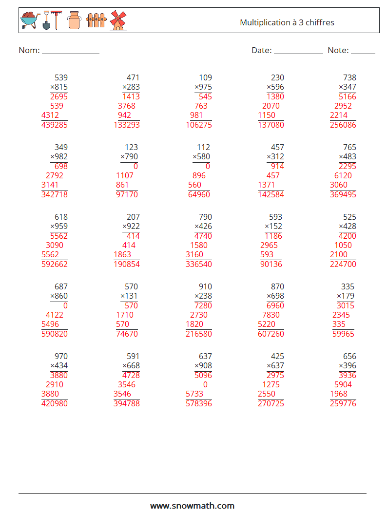 (25) Multiplication à 3 chiffres Fiches d'Exercices de Mathématiques 15 Question, Réponse