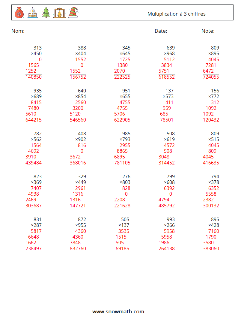 (25) Multiplication à 3 chiffres Fiches d'Exercices de Mathématiques 17 Question, Réponse