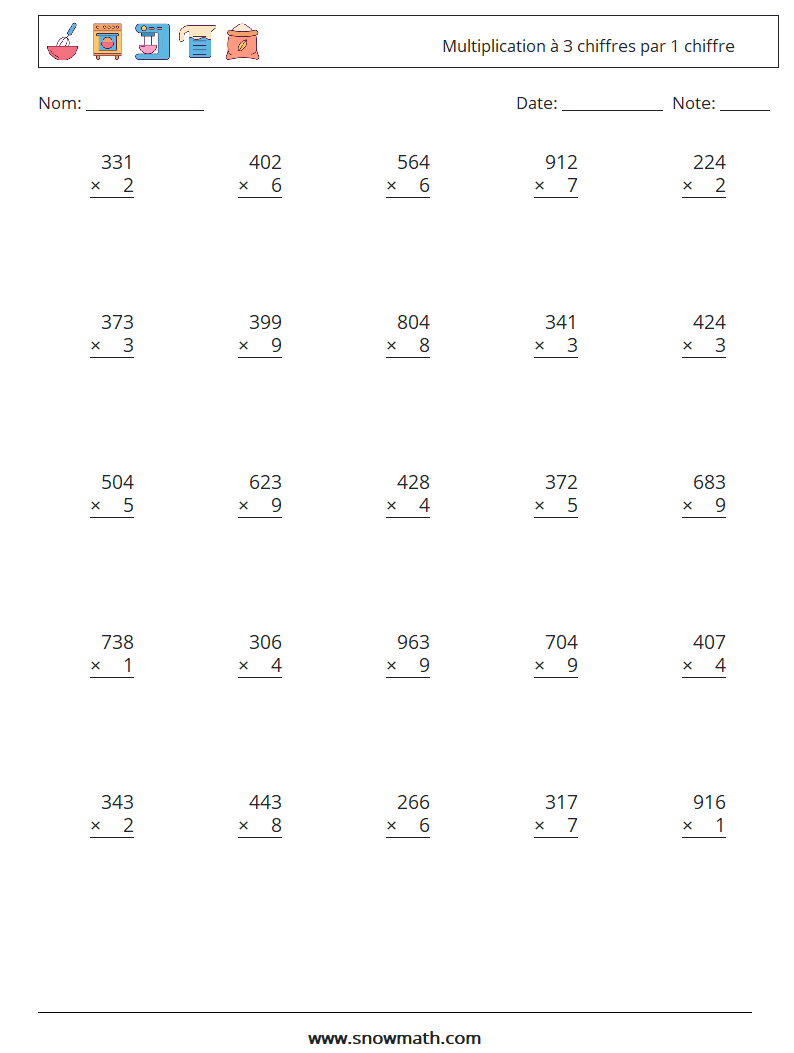 (25) Multiplication à 3 chiffres par 1 chiffre