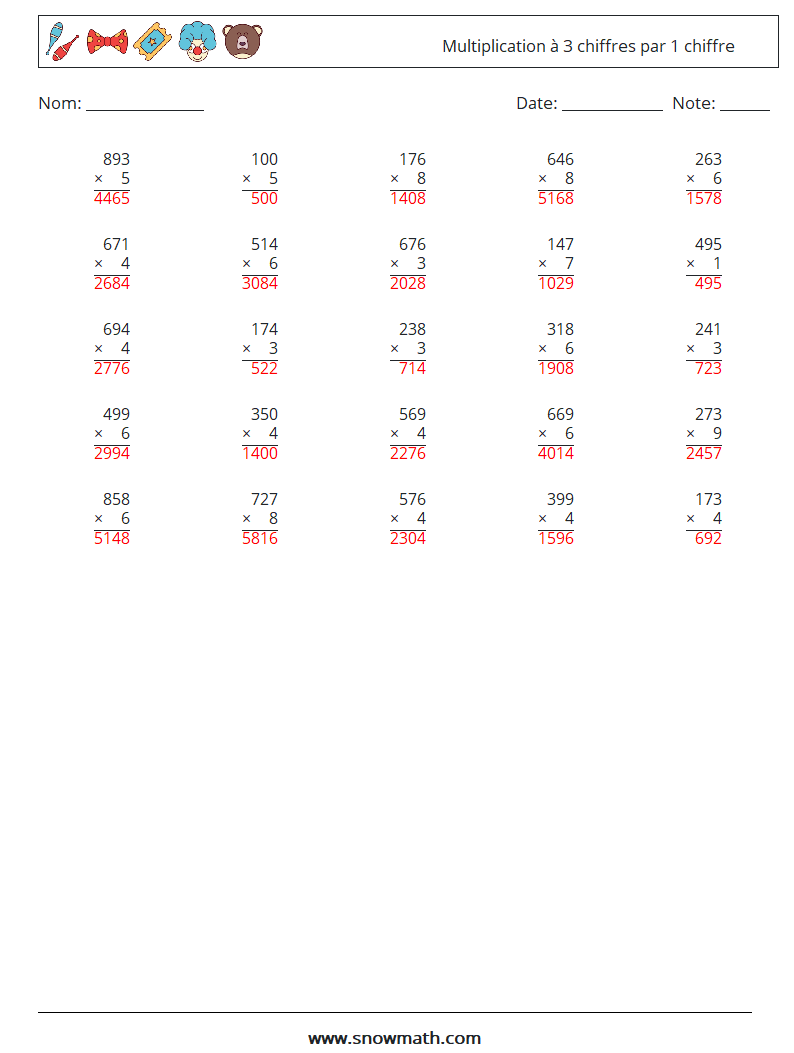 (25) Multiplication à 3 chiffres par 1 chiffre Fiches d'Exercices de Mathématiques 13 Question, Réponse