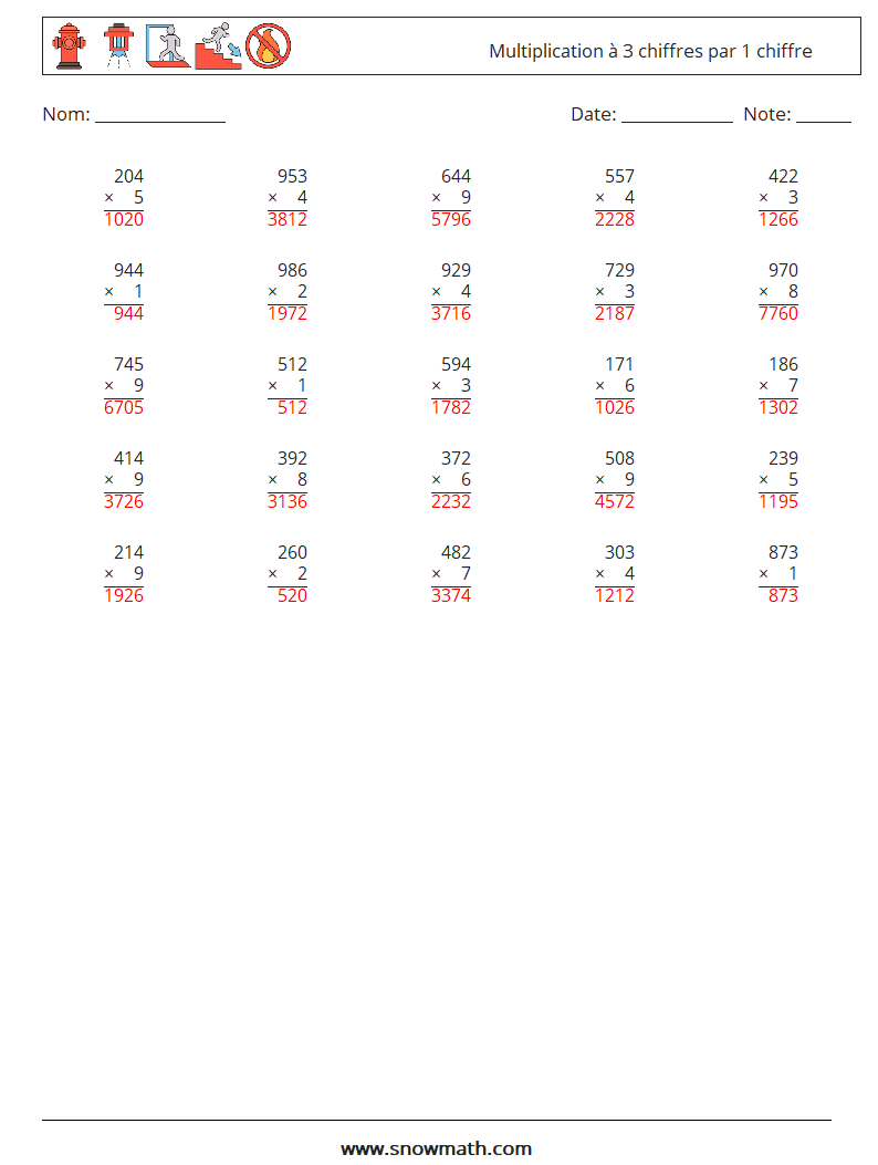 (25) Multiplication à 3 chiffres par 1 chiffre Fiches d'Exercices de Mathématiques 15 Question, Réponse