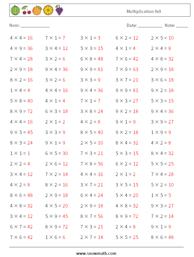 (100) Multiplication 9x9 Fiches d'Exercices de Mathématiques 1 Question, Réponse