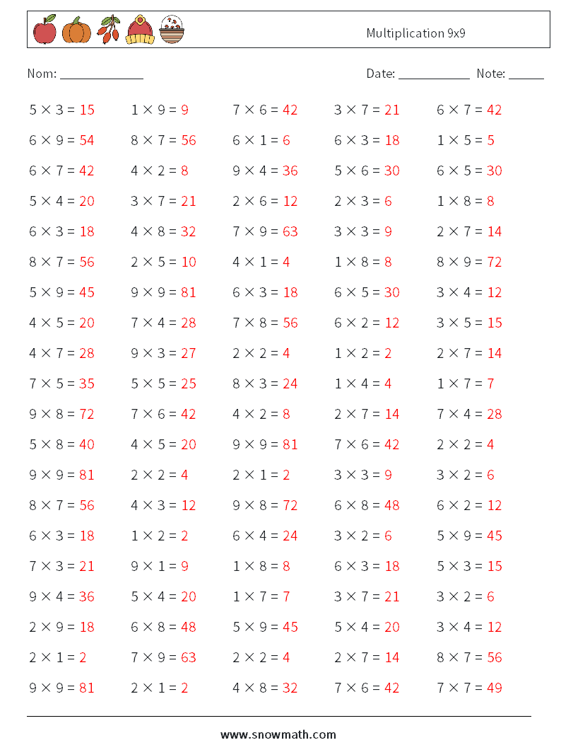 (100) Multiplication 9x9 Fiches d'Exercices de Mathématiques 2 Question, Réponse