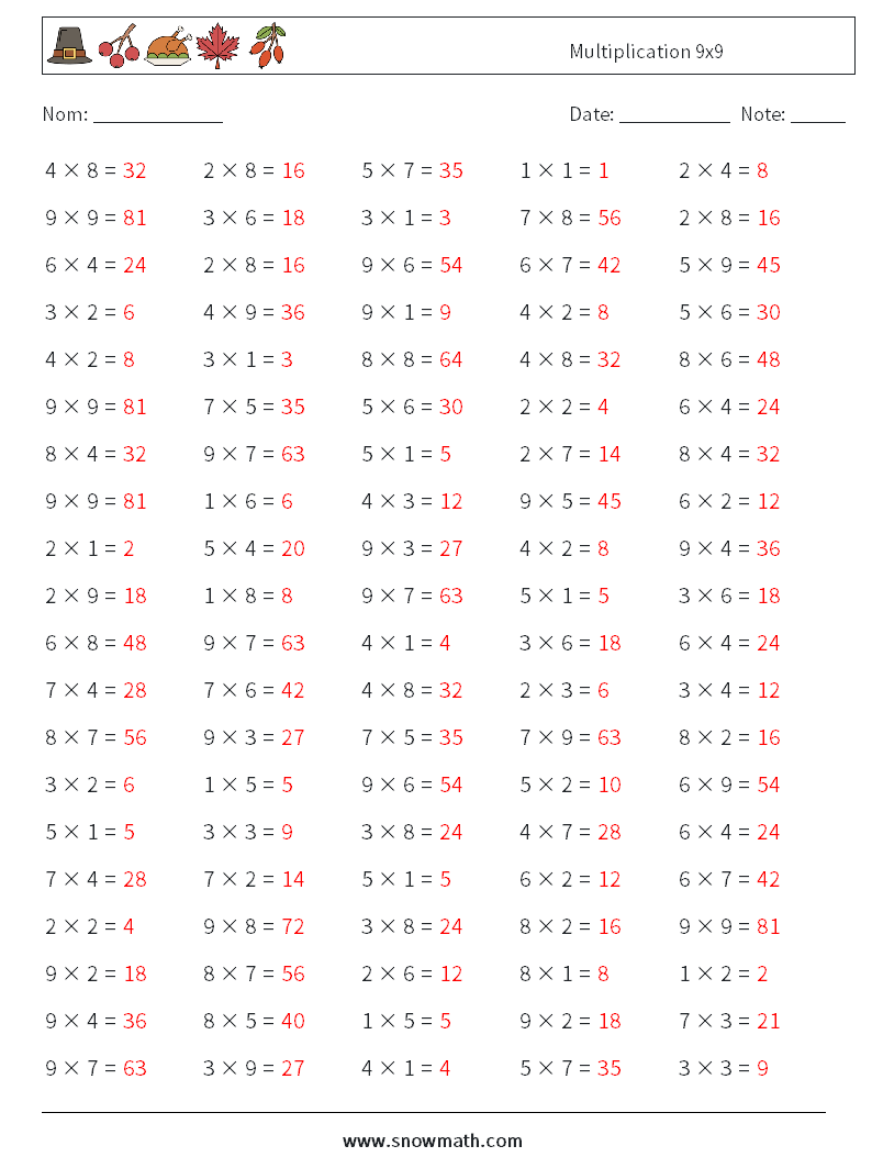 (100) Multiplication 9x9 Fiches d'Exercices de Mathématiques 3 Question, Réponse