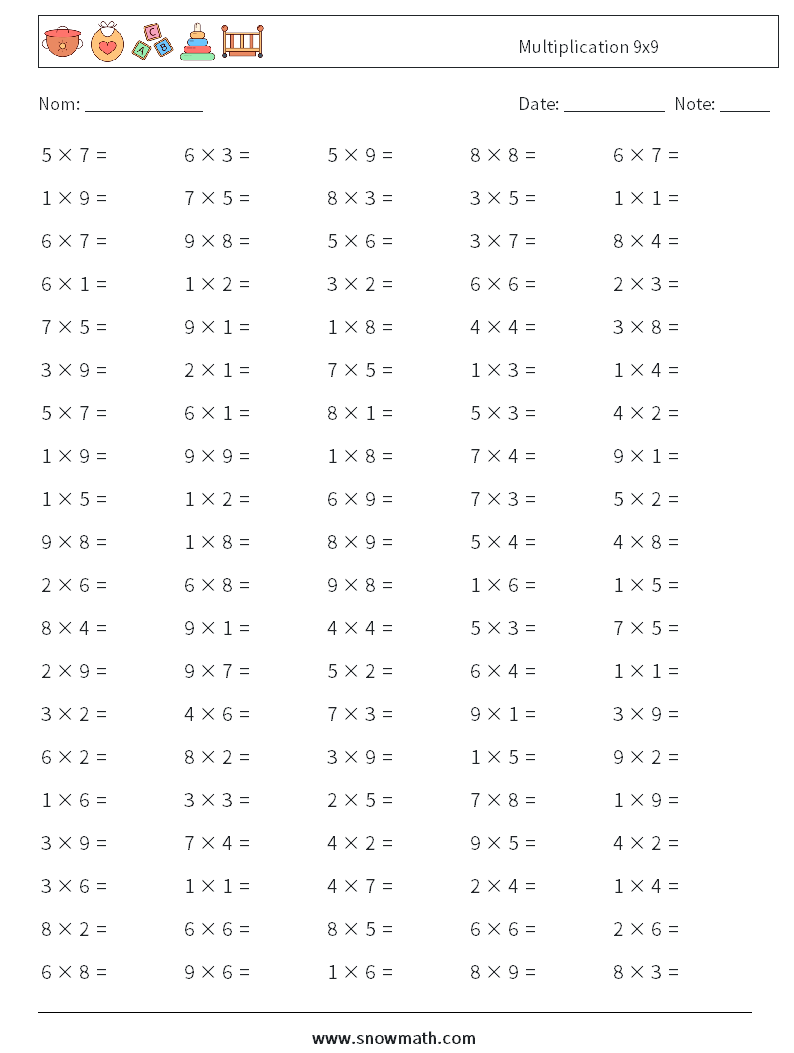 (100) Multiplication 9x9 Fiches d'Exercices de Mathématiques 4