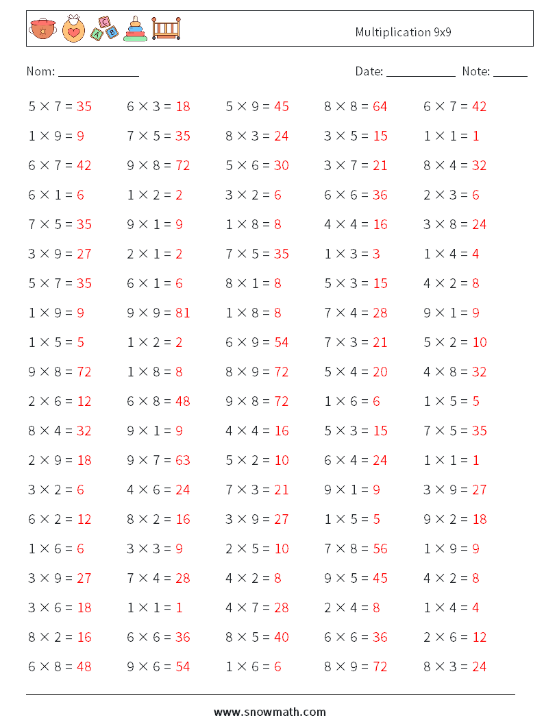 (100) Multiplication 9x9 Fiches d'Exercices de Mathématiques 4 Question, Réponse