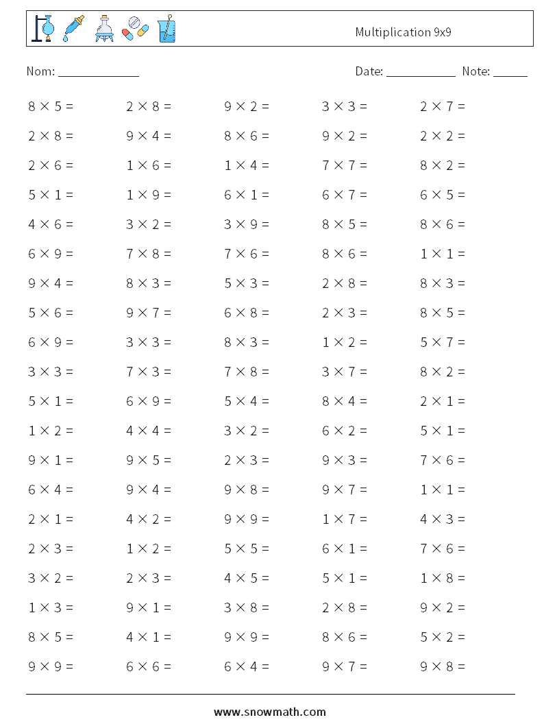 (100) Multiplication 9x9 Fiches d'Exercices de Mathématiques 5