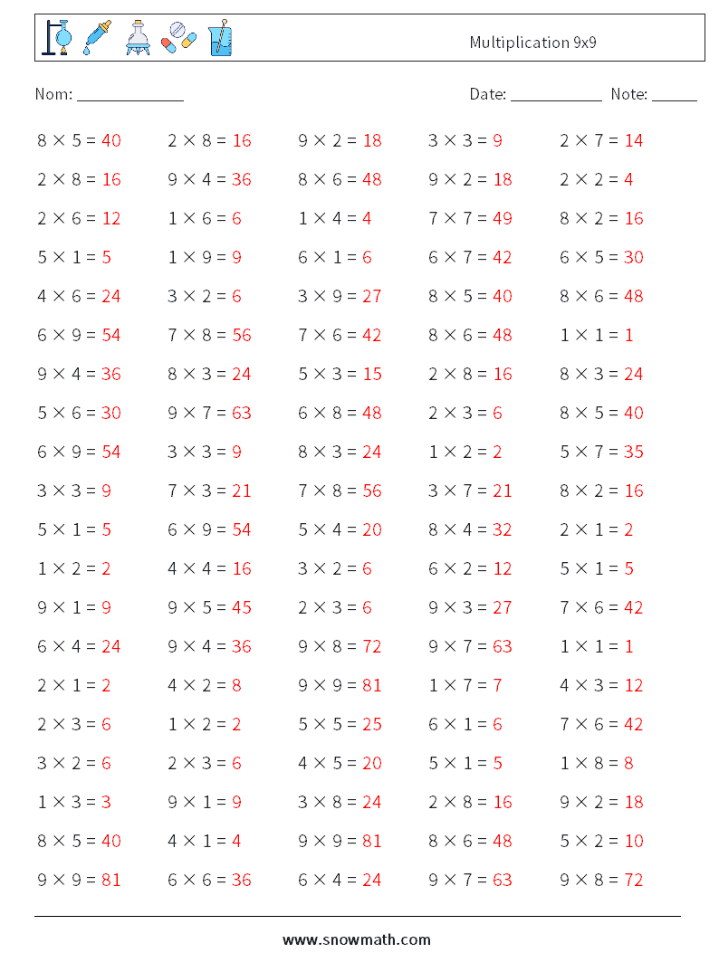 (100) Multiplication 9x9 Fiches d'Exercices de Mathématiques 5 Question, Réponse