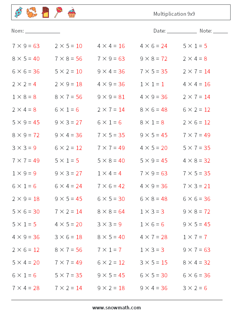 (100) Multiplication 9x9 Fiches d'Exercices de Mathématiques 6 Question, Réponse