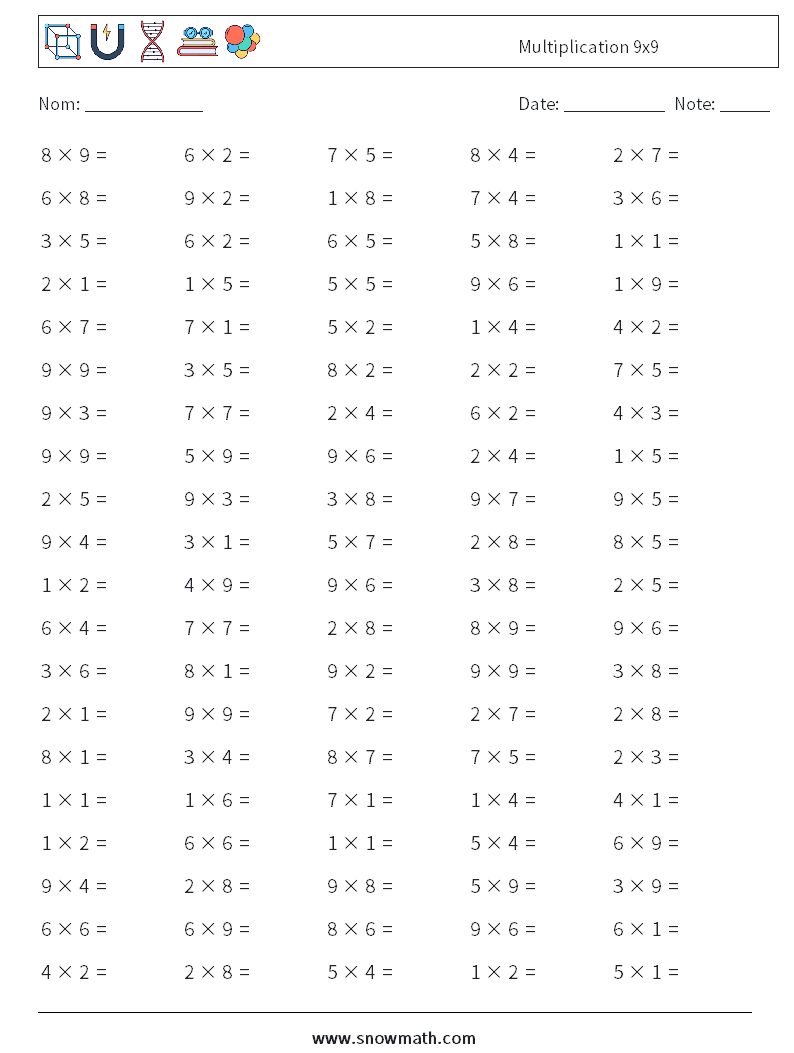 (100) Multiplication 9x9 Fiches d'Exercices de Mathématiques 7