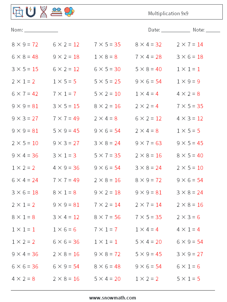 (100) Multiplication 9x9 Fiches d'Exercices de Mathématiques 7 Question, Réponse