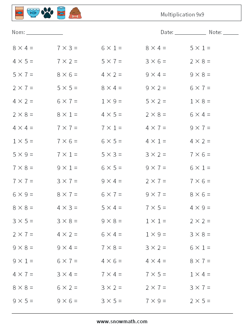 (100) Multiplication 9x9 Fiches d'Exercices de Mathématiques 8