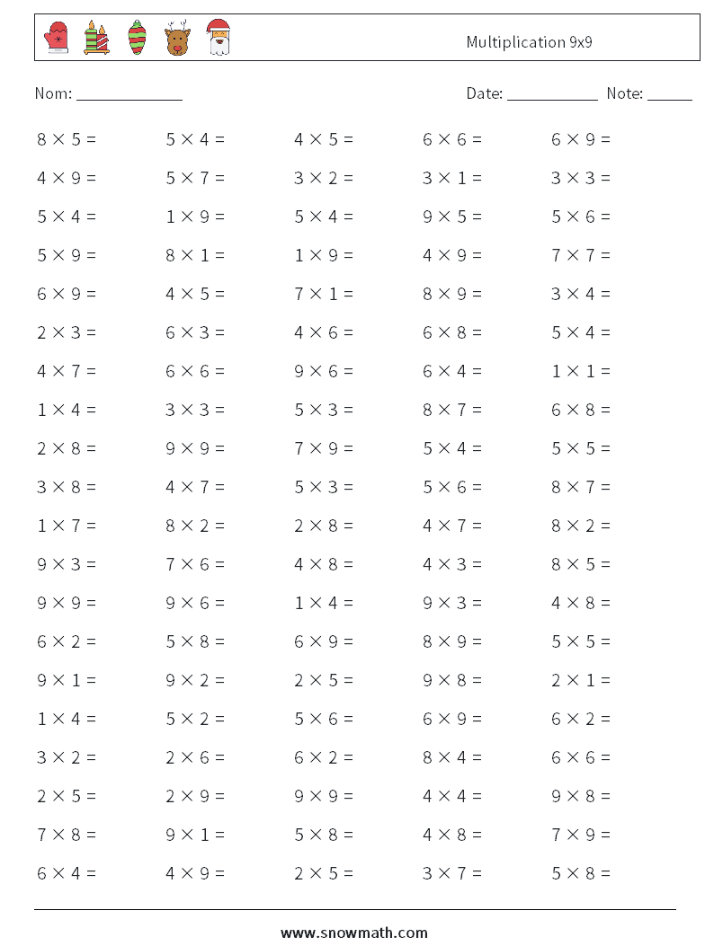 (100) Multiplication 9x9 Fiches d'Exercices de Mathématiques 9