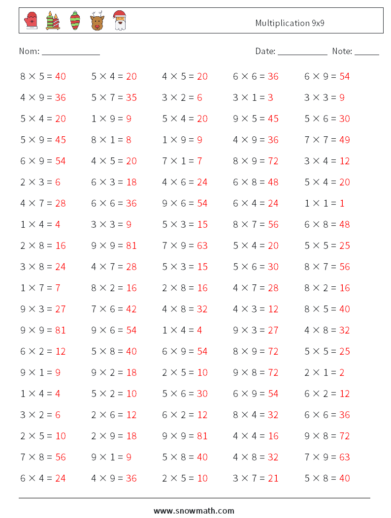 (100) Multiplication 9x9 Fiches d'Exercices de Mathématiques 9 Question, Réponse