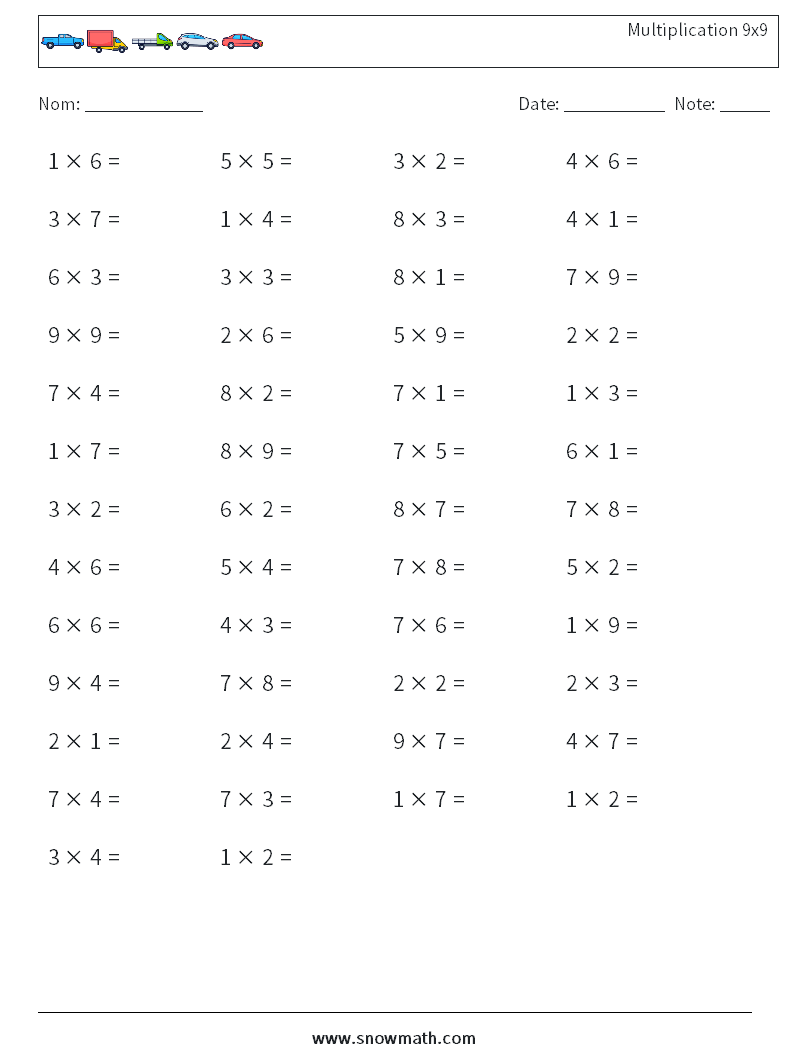 (50) Multiplication 9x9 Fiches d'Exercices de Mathématiques 5