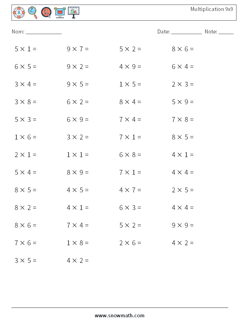 (50) Multiplication 9x9 Fiches d'Exercices de Mathématiques 7