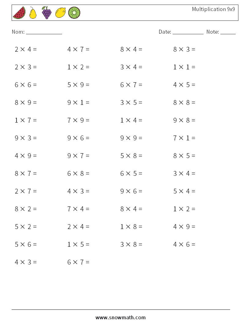 (50) Multiplication 9x9 Fiches d'Exercices de Mathématiques 8