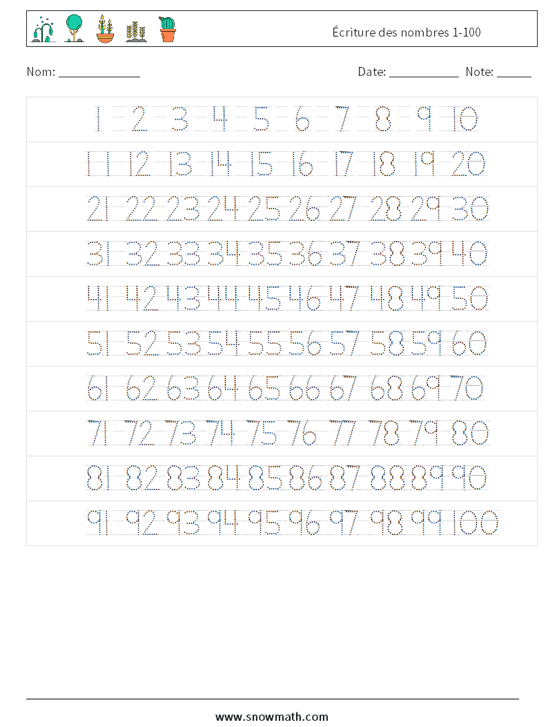 Écriture des nombres 1-100 Fiches d'Exercices de Mathématiques 2