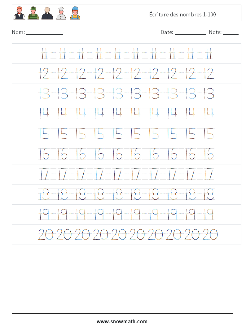 Écriture des nombres 1-100 Fiches d'Exercices de Mathématiques 4