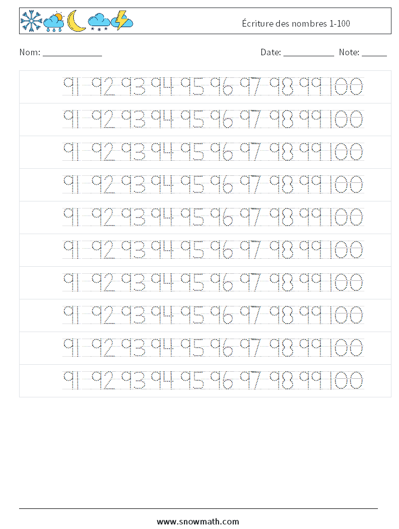Écriture des nombres 1-100 Fiches d'Exercices de Mathématiques 40