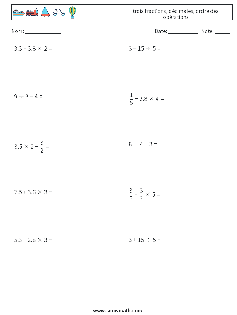 (10) trois fractions, décimales, ordre des opérations