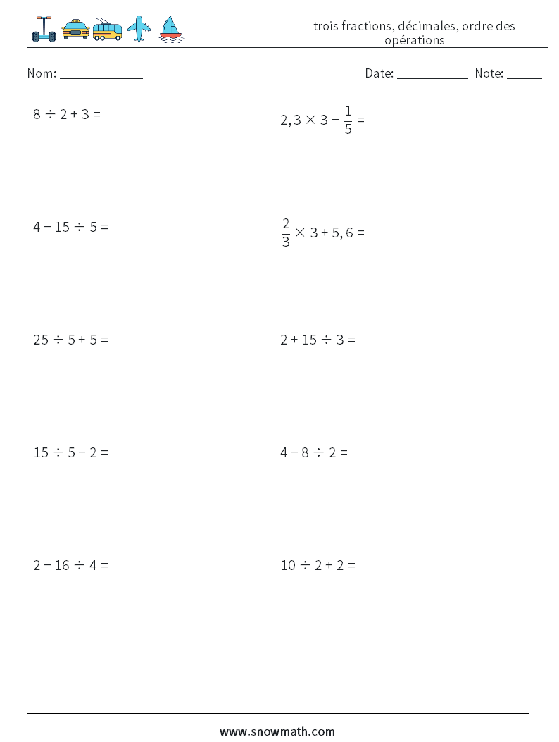 (10) trois fractions, décimales, ordre des opérations Fiches d'Exercices de Mathématiques 7