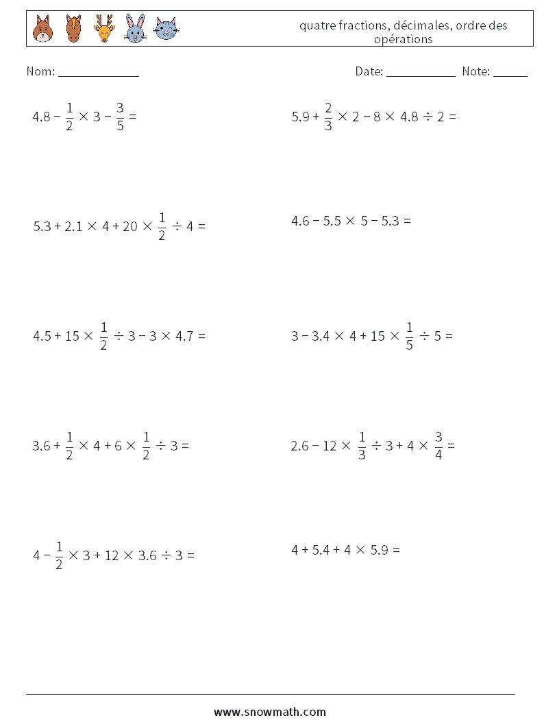 (10) quatre fractions, décimales, ordre des opérations Fiches d'Exercices de Mathématiques 10