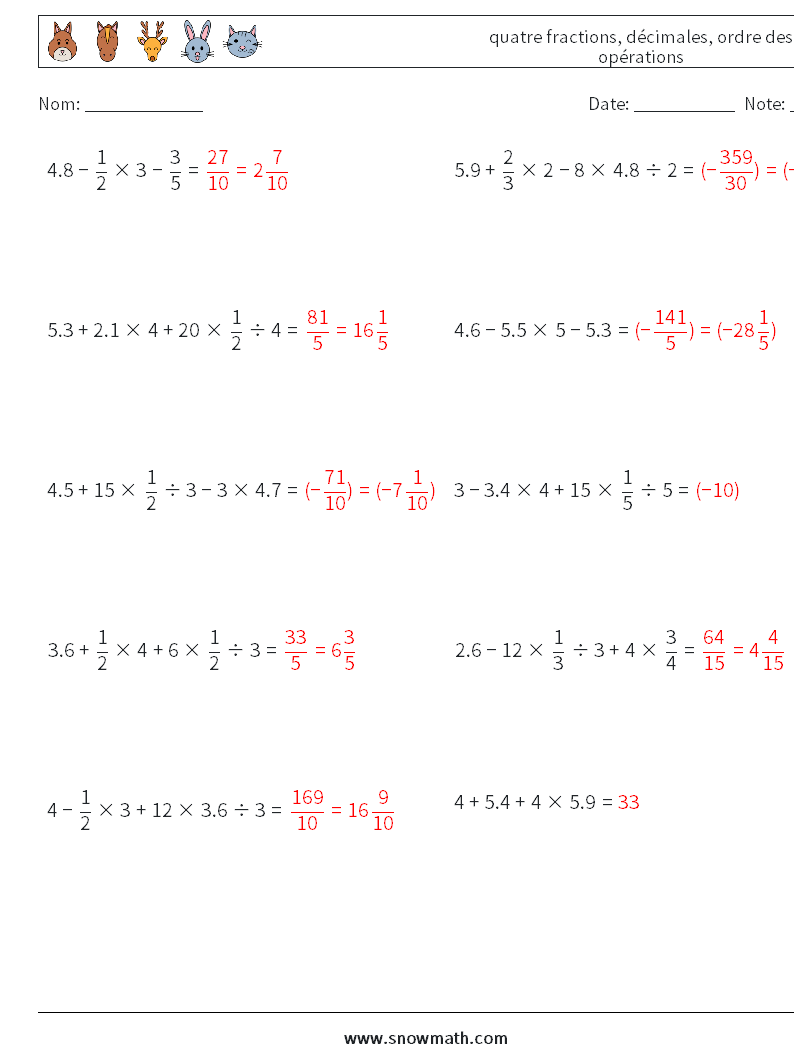 (10) quatre fractions, décimales, ordre des opérations Fiches d'Exercices de Mathématiques 10 Question, Réponse