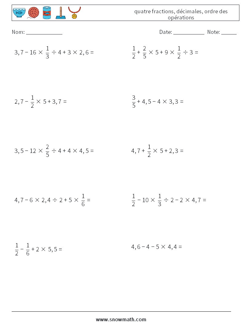 (10) quatre fractions, décimales, ordre des opérations Fiches d'Exercices de Mathématiques 11