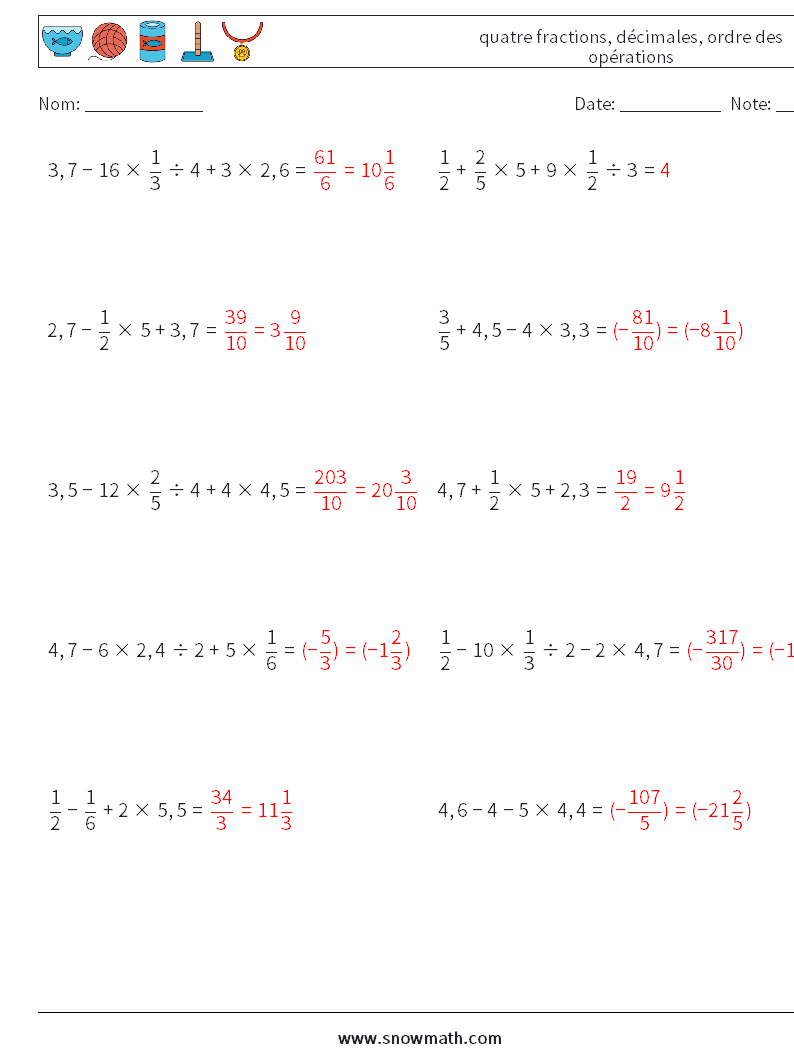 (10) quatre fractions, décimales, ordre des opérations Fiches d'Exercices de Mathématiques 11 Question, Réponse