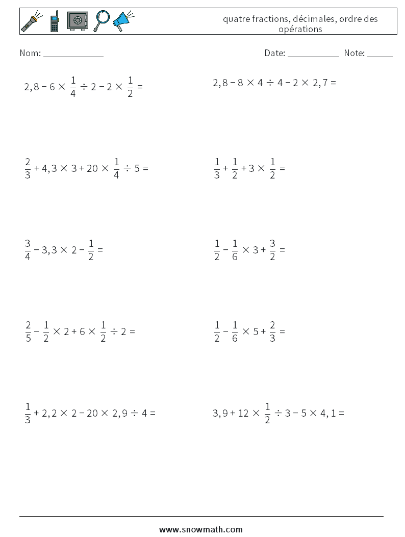 (10) quatre fractions, décimales, ordre des opérations Fiches d'Exercices de Mathématiques 12