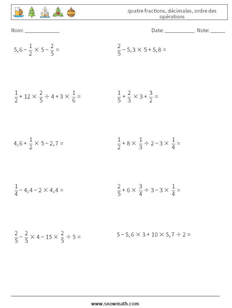 (10) quatre fractions, décimales, ordre des opérations Fiches d'Exercices de Mathématiques 13