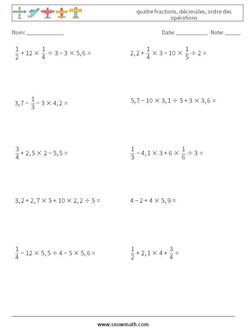 (10) quatre fractions, décimales, ordre des opérations Fiches d'Exercices de Mathématiques 14