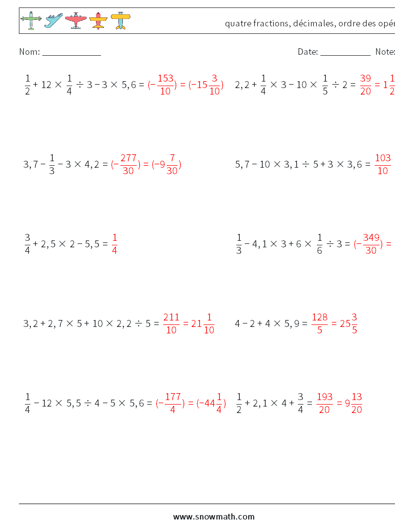 (10) quatre fractions, décimales, ordre des opérations Fiches d'Exercices de Mathématiques 14 Question, Réponse