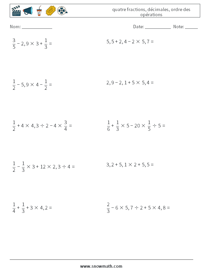 (10) quatre fractions, décimales, ordre des opérations Fiches d'Exercices de Mathématiques 15
