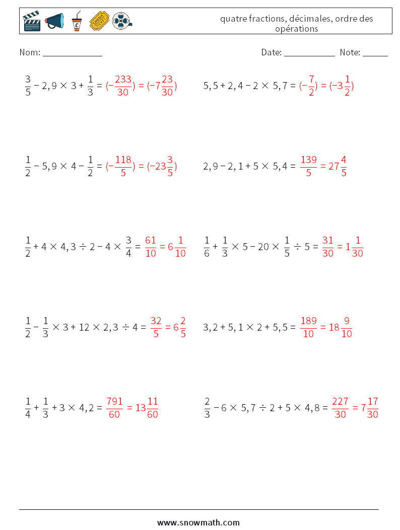 (10) quatre fractions, décimales, ordre des opérations Fiches d'Exercices de Mathématiques 15 Question, Réponse