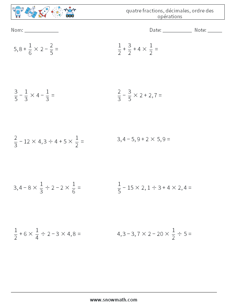 (10) quatre fractions, décimales, ordre des opérations Fiches d'Exercices de Mathématiques 16