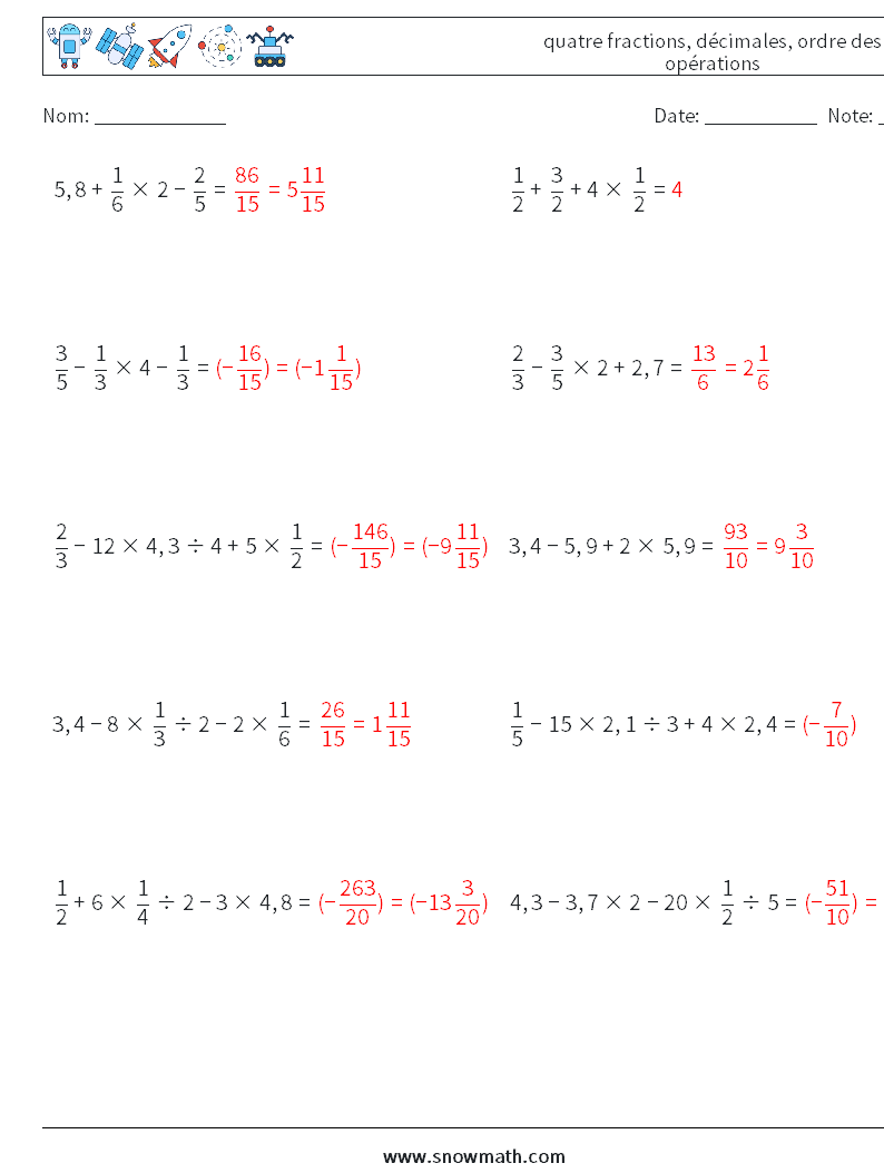 (10) quatre fractions, décimales, ordre des opérations Fiches d'Exercices de Mathématiques 16 Question, Réponse