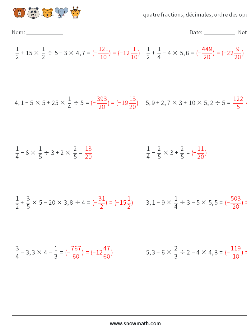 (10) quatre fractions, décimales, ordre des opérations Fiches d'Exercices de Mathématiques 17 Question, Réponse