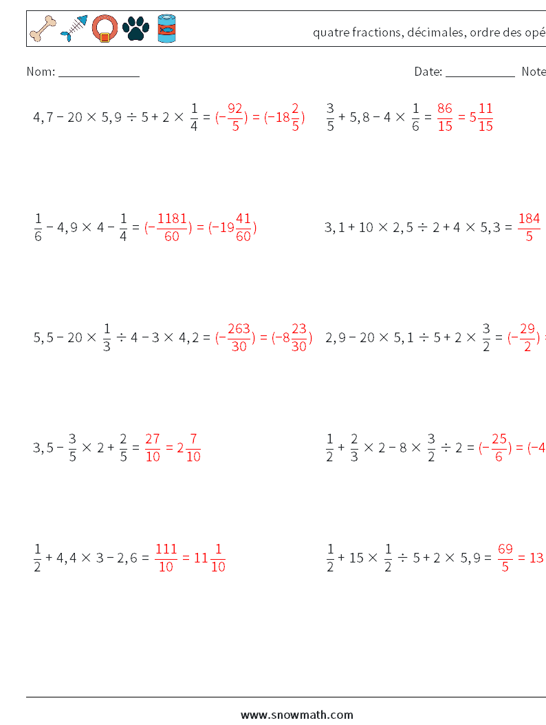 (10) quatre fractions, décimales, ordre des opérations Fiches d'Exercices de Mathématiques 18 Question, Réponse