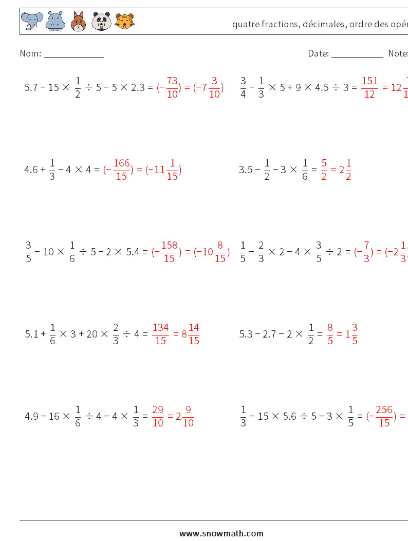 (10) quatre fractions, décimales, ordre des opérations Fiches d'Exercices de Mathématiques 1 Question, Réponse