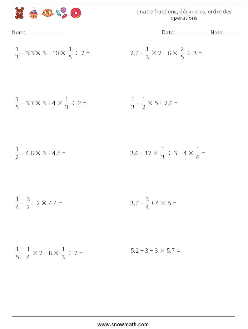 (10) quatre fractions, décimales, ordre des opérations Fiches d'Exercices de Mathématiques 2