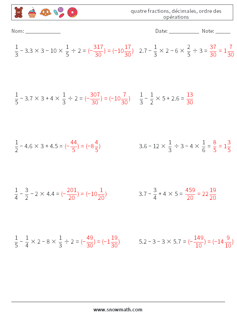 (10) quatre fractions, décimales, ordre des opérations Fiches d'Exercices de Mathématiques 2 Question, Réponse