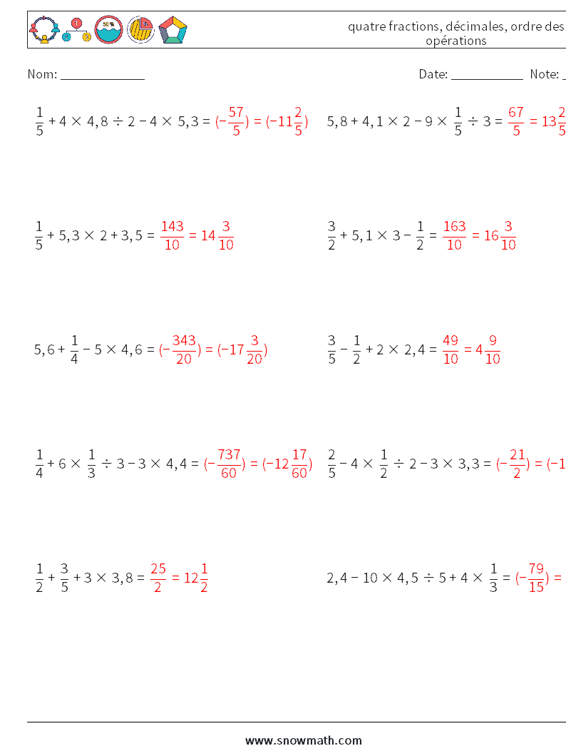 (10) quatre fractions, décimales, ordre des opérations Fiches d'Exercices de Mathématiques 3 Question, Réponse