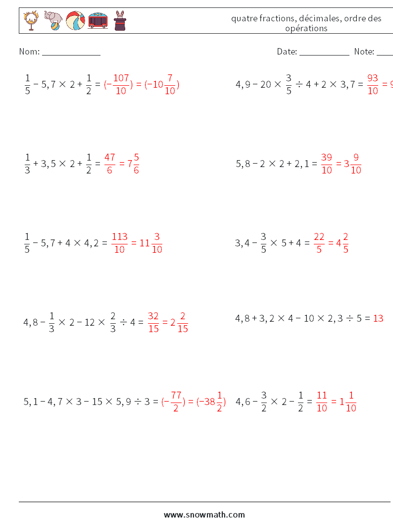 (10) quatre fractions, décimales, ordre des opérations Fiches d'Exercices de Mathématiques 4 Question, Réponse