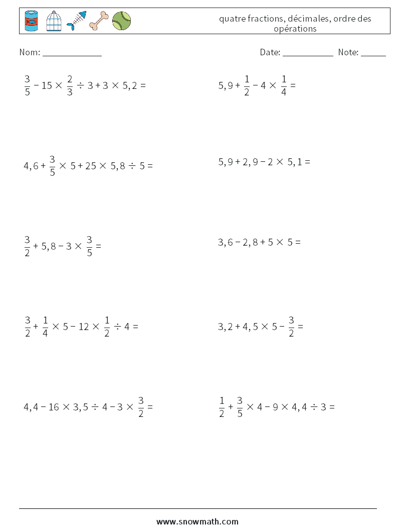 (10) quatre fractions, décimales, ordre des opérations Fiches d'Exercices de Mathématiques 5
